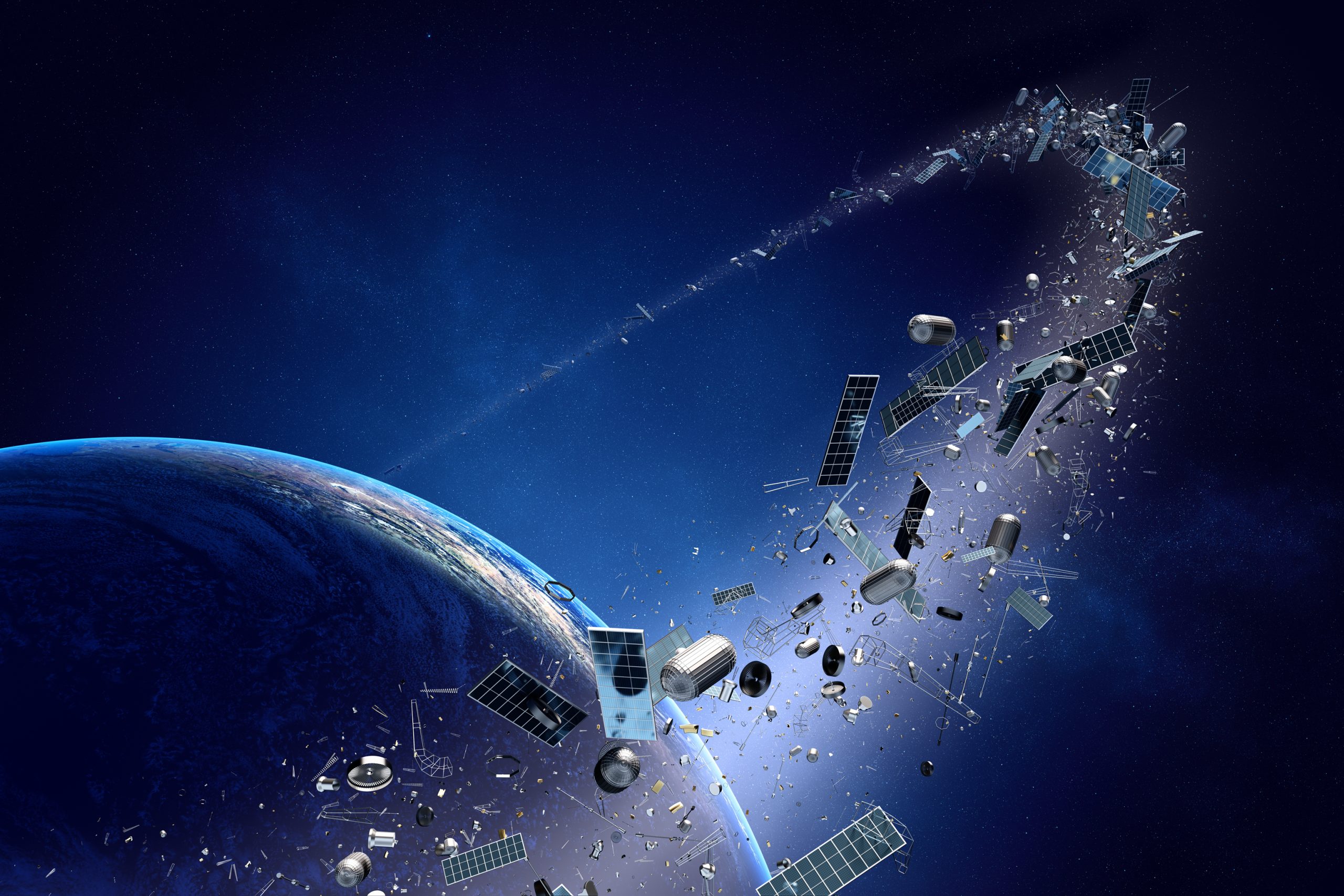 Space debris and satellites orbiting Earth